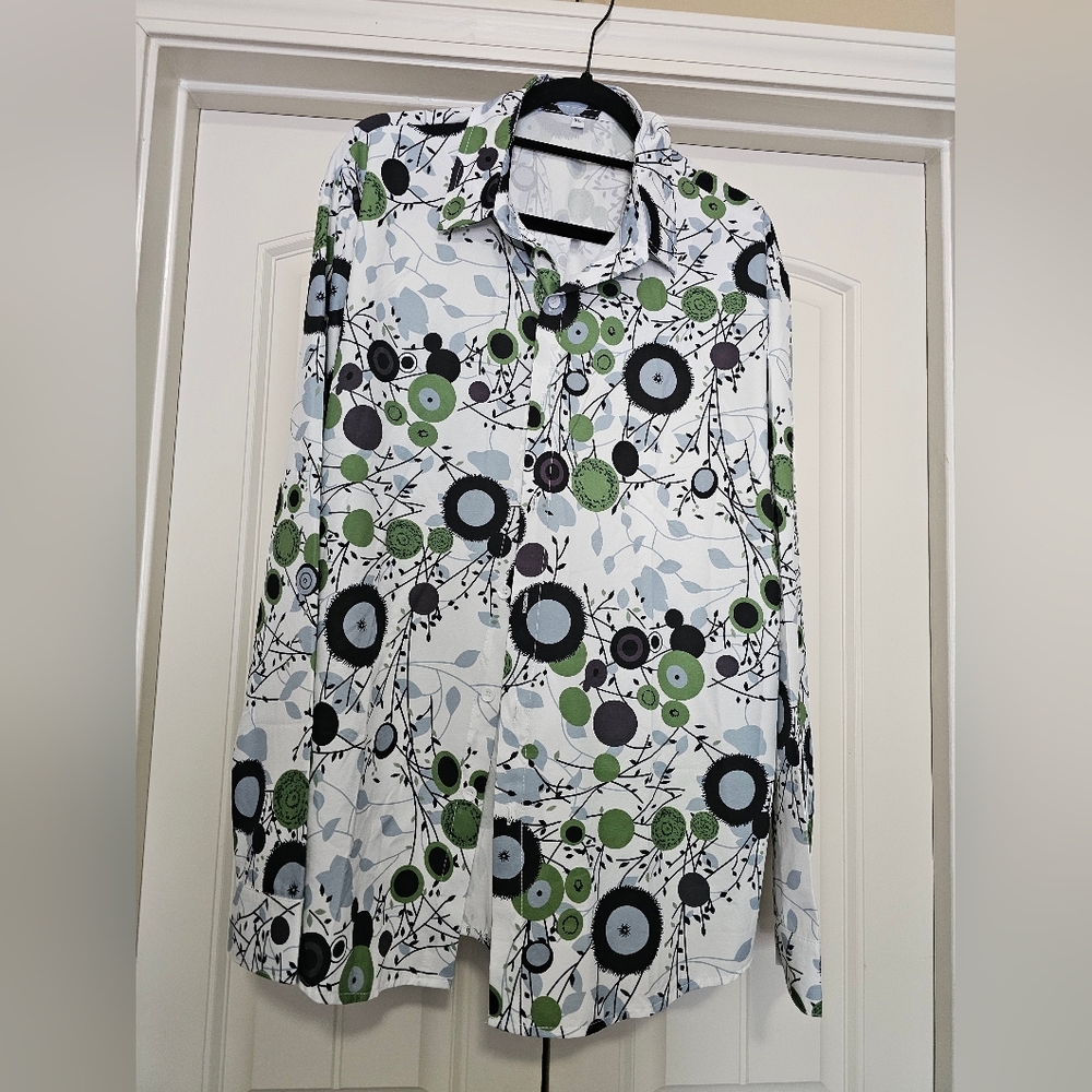Men's White Button-Up Shirt with Green & Black Circle Print